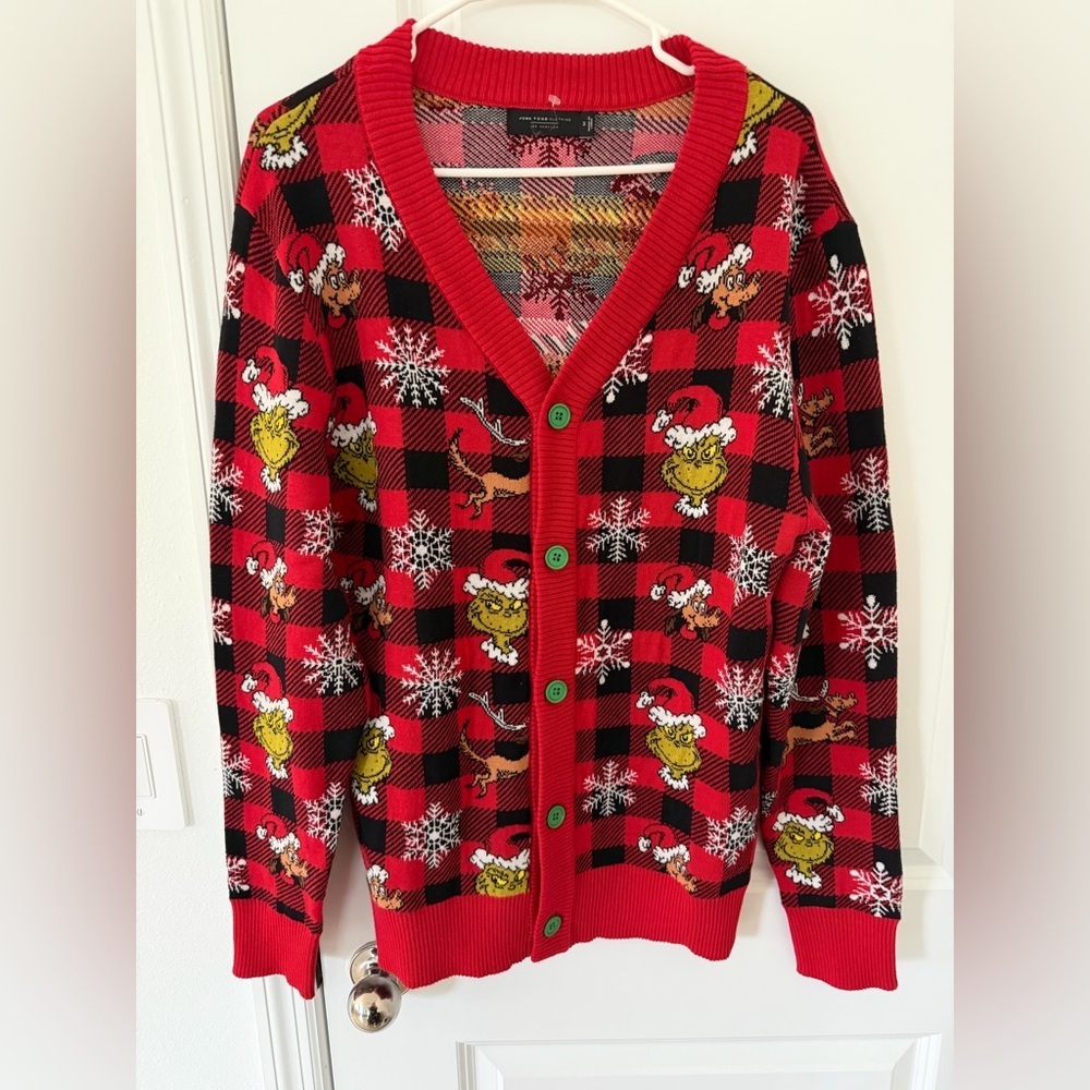 Dr. Seuss The Grinch Men’s Christmas Cardigan Buffalo Plaid Size M NWOT - Picture 3 of 9